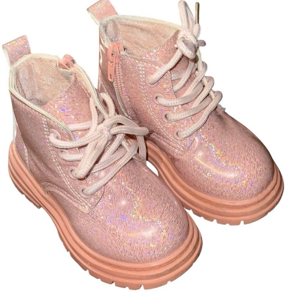 Toddler Girls Pink Glitter Combat Boots Sz 6C EU 22 Lace Up Zipper